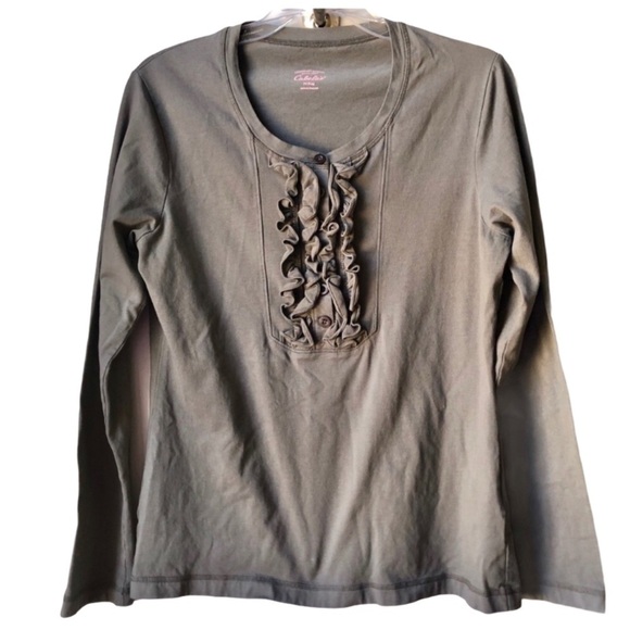 Cabela's Ruffled Front Olive Gray Tee Size Medium - Picture 1 of 9